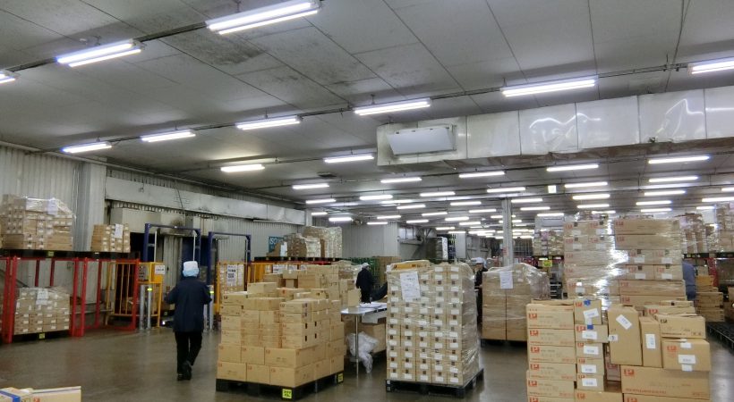 各種別にまとめられた商品が陳列する工場内の風景